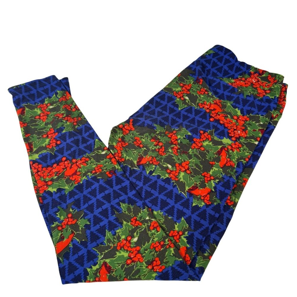 LuLaRoe Tall & Curvy Holiday Leggings Blue Red Green Holly Berry Print